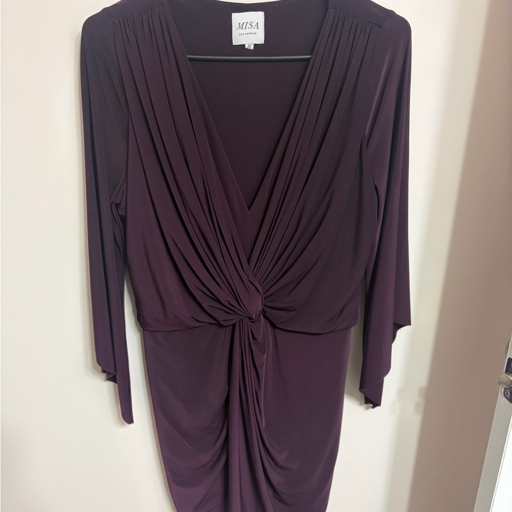 Misa Los Angeles Deep Plum Twist-Knot Long Sleeve Dress